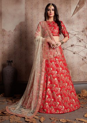 Red Embroidered Raw Silk Party Wear Semi Stitched Lehenga