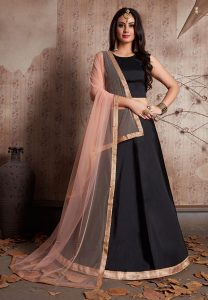 Black Lace Tafetta Silk Party Wear Semi Stitched Lehenga