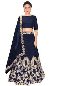 Navy Blue Embroidered Tafetta Silk Party Wear Semi Stitched Lehenga
