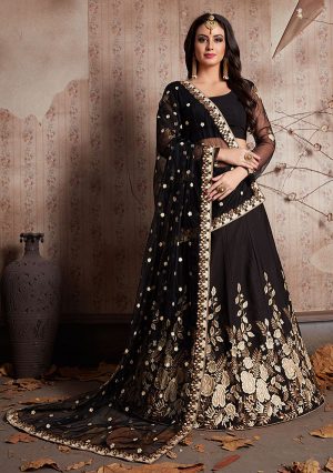 Black Embroidered Crepe Party Wear Semi Stitched Lehenga