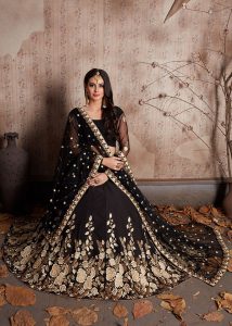 Black Embroidered Crepe Party Wear Semi Stitched Lehenga