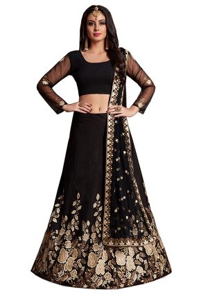 Black Embroidered Crepe Party Wear Semi Stitched Lehenga