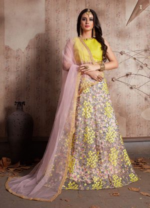 Baby Pink Zari Work Art Silk Party Wear Semi Stitched Lehenga