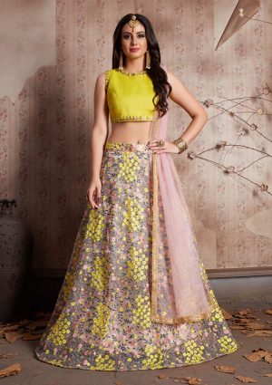 Baby Pink Zari Work Art Silk Party Wear Semi Stitched Lehenga