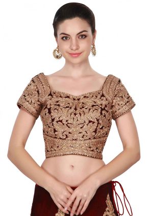 Maroon Embroidered Velvet Silk Party Wear Semi Stitched Lehenga