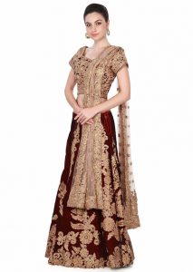 Maroon Embroidered Velvet Silk Party Wear Semi Stitched Lehenga