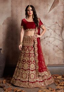 Maroon Zari Work Velvet Silk Party Wear Semi Stitched Lehenga