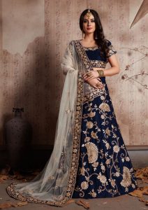 Blue Embroidered Velvet Silk Party Wear Semi Stitched Lehenga