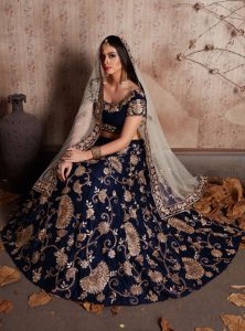 Blue Embroidered Velvet Silk Party Wear Semi Stitched Lehenga