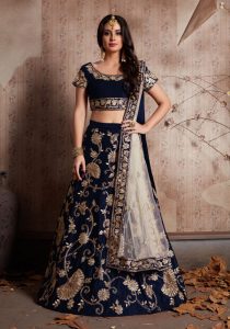 Blue Embroidered Velvet Silk Party Wear Semi Stitched Lehenga