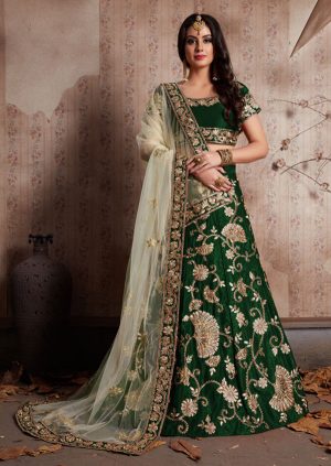 Green Embroidered Velvet Silk Party Wear Semi Stitched Lehenga