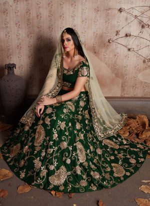 Green Embroidered Velvet Silk Party Wear Semi Stitched Lehenga