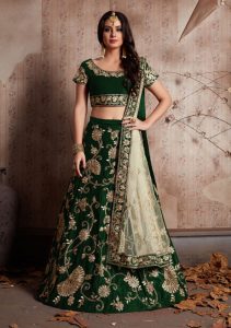 Green Embroidered Velvet Silk Party Wear Semi Stitched Lehenga