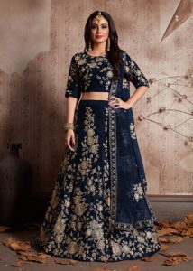 Blue Embroidered Velvet Silk Party Wear Semi Stitched Lehenga