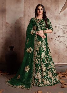 Green Embroidered Velvet Silk Party Wear Semi Stitched Lehenga