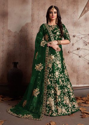 Green Embroidered Velvet Silk Party Wear Semi Stitched Lehenga