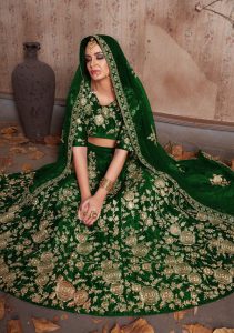 Green Embroidered Velvet Silk Party Wear Semi Stitched Lehenga