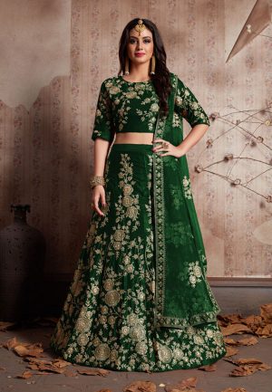 Green Embroidered Velvet Silk Party Wear Semi Stitched Lehenga