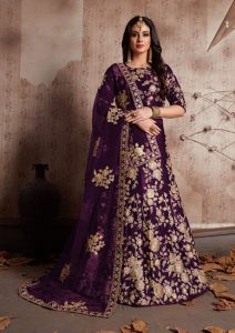 Purple Embroidered Velvet Silk Party Wear Semi Stitched Lehenga