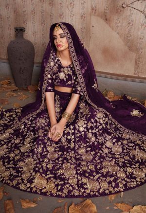 Purple Embroidered Velvet Silk Party Wear Semi Stitched Lehenga