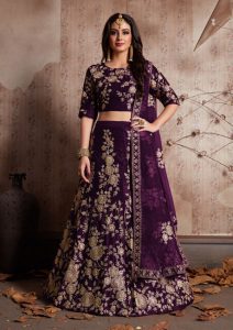 Purple Embroidered Velvet Silk Party Wear Semi Stitched Lehenga