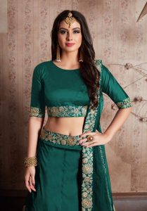 Green Embroidered Tafetta Silk Party Wear Semi Stitched Lehenga