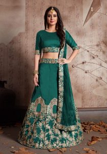 Green Embroidered Tafetta Silk Party Wear Semi Stitched Lehenga