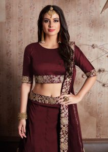 Maroon Embroidered Tafetta Silk Party Wear Semi Stitched Lehenga