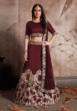 Maroon Embroidered Tafetta Silk Party Wear Semi Stitched Lehenga