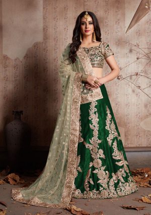 Green Embroidered Velvet Silk Party Wear Semi Stitched Lehenga