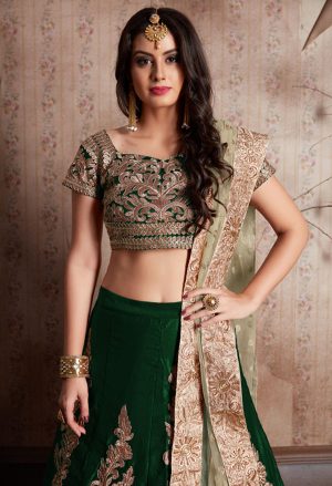 Green Embroidered Velvet Silk Party Wear Semi Stitched Lehenga