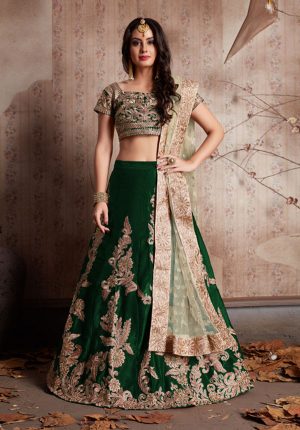 Green Embroidered Velvet Silk Party Wear Semi Stitched Lehenga