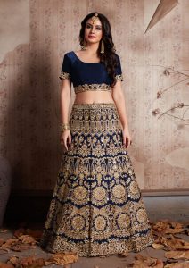 Navy Blue Embroidered Velvet Silk Party Wear Semi Stitched Lehenga