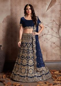 Navy Blue Embroidered Velvet Silk Party Wear Semi Stitched Lehenga