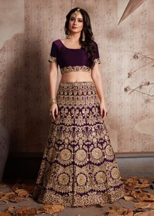 Wine Embroidered Velvet Silk Party Wear Semi Stitched Lehenga