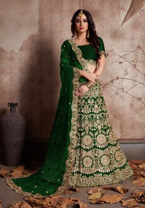 Green Embroidered Velvet Silk Party Wear Semi Stitched Lehenga