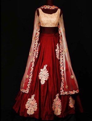 Maroon Embroidered Raw Silk Party Wear Semi Stitched Lehenga