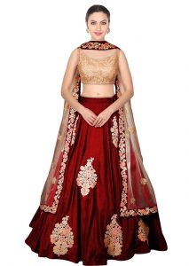 Maroon Embroidered Raw Silk Party Wear Semi Stitched Lehenga