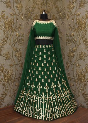 Green Zari Work Art Silk Party Wear Semi Stitched Lehenga