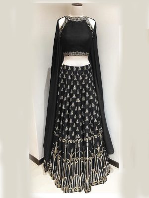 Black Zari Work Art Silk Party Wear Semi Stitched Lehenga