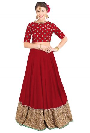 Red Embroidered Art Silk Party Wear Semi Stitched Lehenga