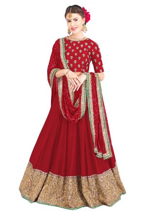 Red Embroidered Art Silk Party Wear Semi Stitched Lehenga