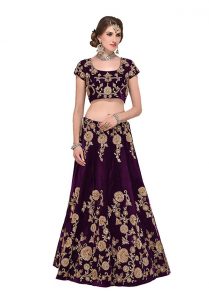 Purple Embroidered Velvet Silk Party Wear Semi Stitched Lehenga