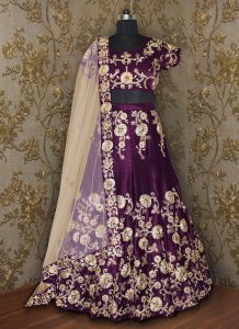 Purple Embroidered Velvet Silk Party Wear Semi Stitched Lehenga