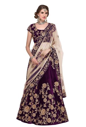 Purple Embroidered Velvet Silk Party Wear Semi Stitched Lehenga