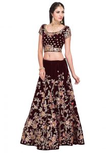 Maroon Embroidered Velvet Silk Party Wear Semi Stitched Lehenga