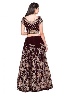 Maroon Embroidered Velvet Silk Party Wear Semi Stitched Lehenga