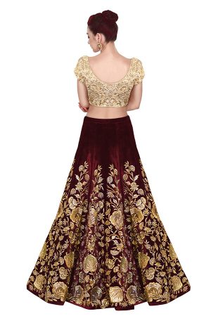 Maroon Embroidered Velvet Silk Party Wear Semi Stitched Lehenga