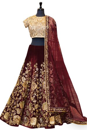 Maroon Embroidered Velvet Silk Party Wear Semi Stitched Lehenga