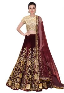 Maroon Embroidered Velvet Silk Party Wear Semi Stitched Lehenga